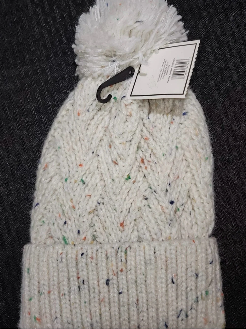 Kids Winter Pom Beanie Hat - Cream, Multicolor Heart, Teal